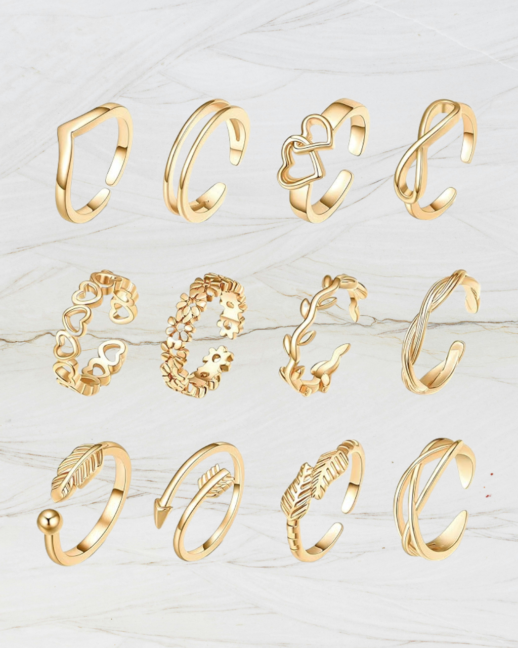 12PCS 14K Gold Plated Adjustable Toe Rings for Women Flower Arrow Band Open Tail Ring Women Beach Foot Jewelry