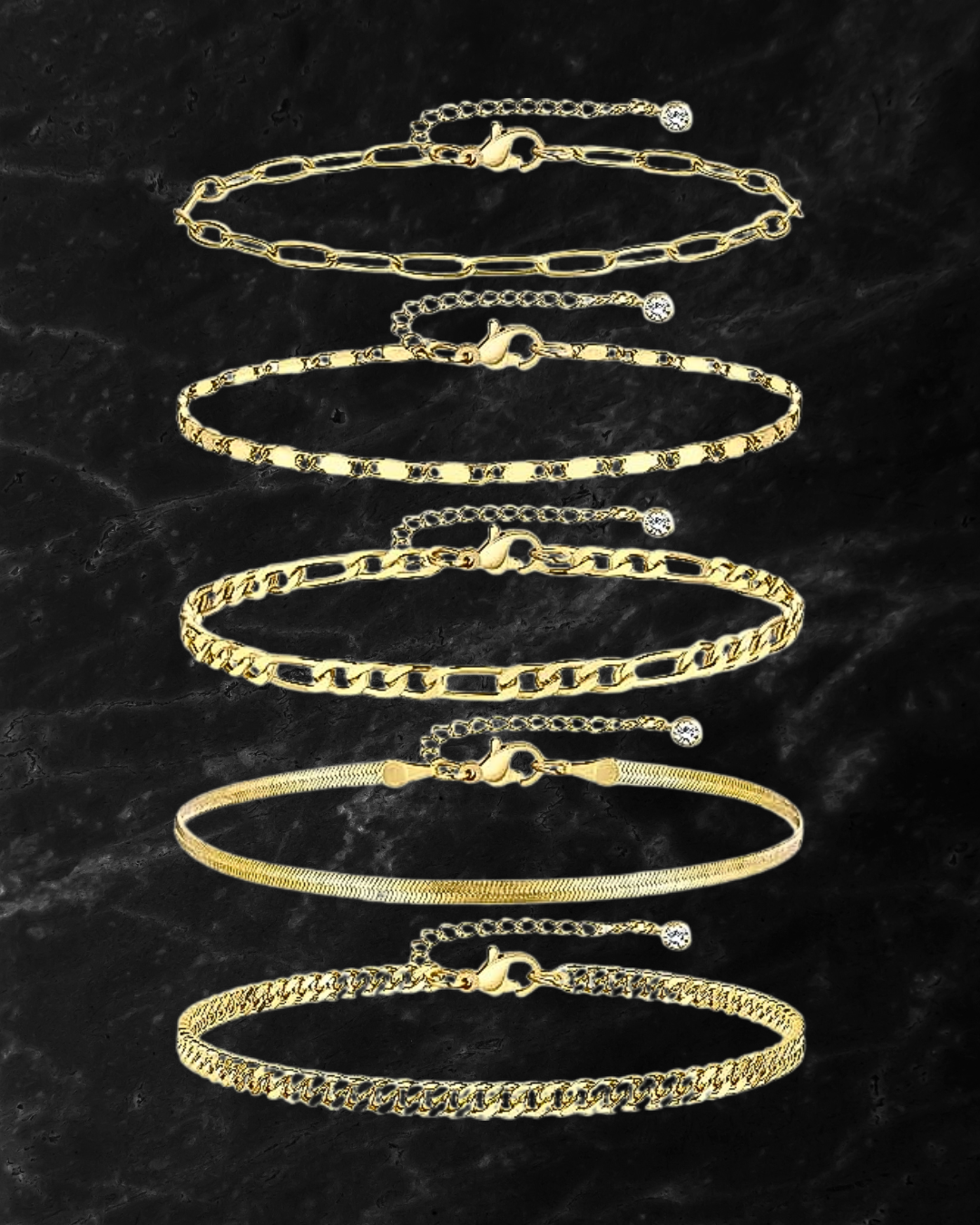 5 Ankle Bracelets for Women, 14k Gold Plated Waterproof Cuban Link Chain Anklets Set