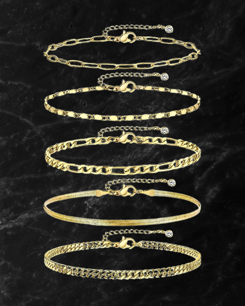5 Ankle Bracelets for Women, 14k Gold Plated Waterproof Cuban Link Chain Anklets Set