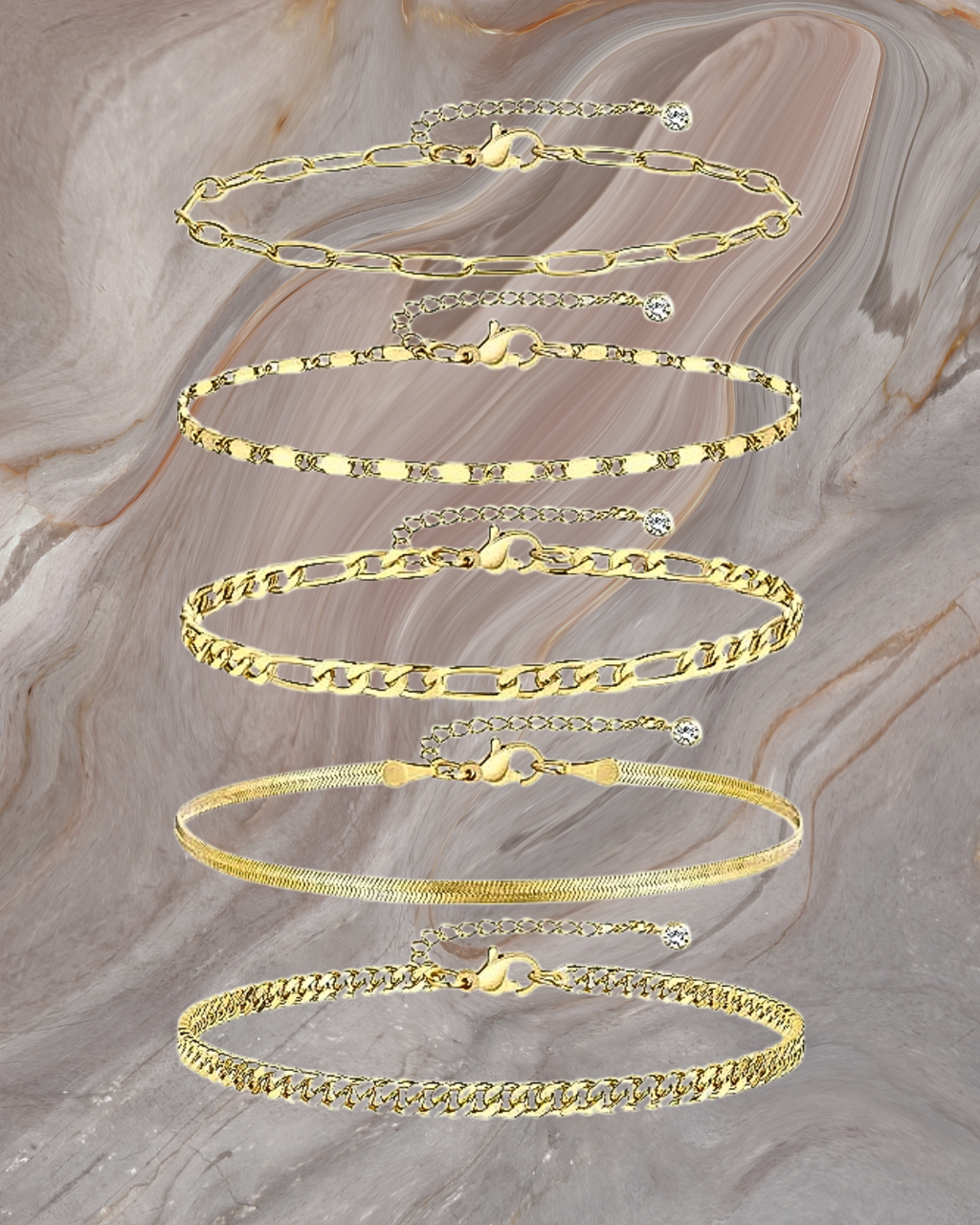 5 Ankle Bracelets for Women, 14k Gold Plated Waterproof Cuban Link Chain Anklets Set