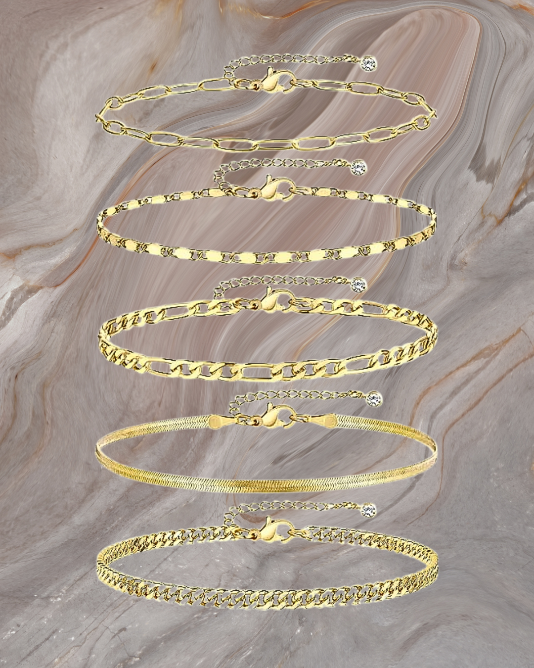 5 Ankle Bracelets for Women, 14k Gold Plated Waterproof Cuban Link Chain Anklets Set
