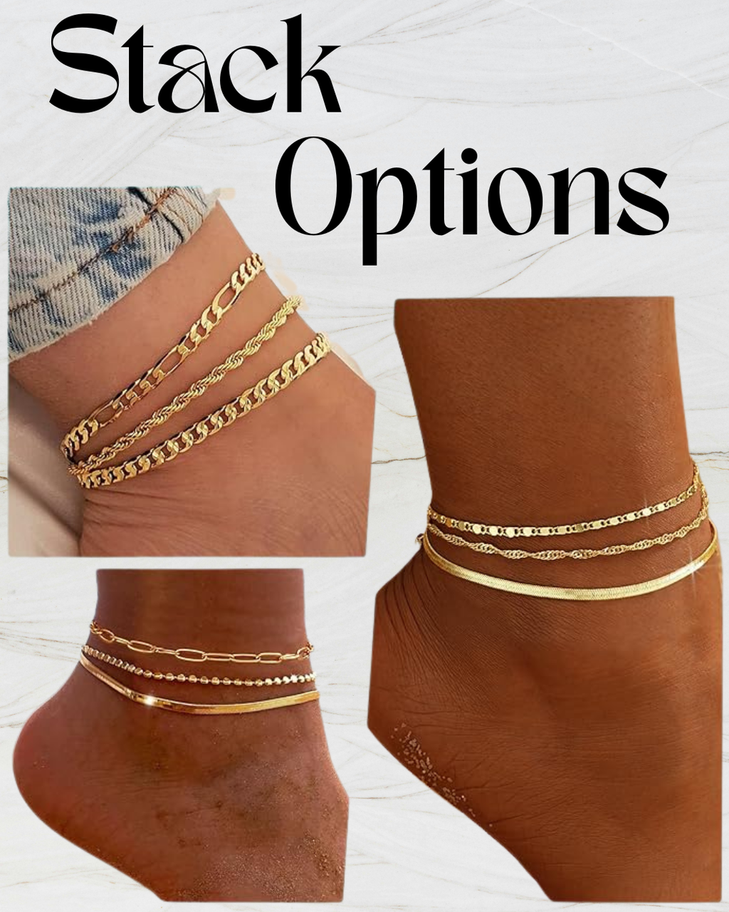 5 Ankle Bracelets for Women, 14k Gold Plated Waterproof Cuban Link Chain Anklets Set