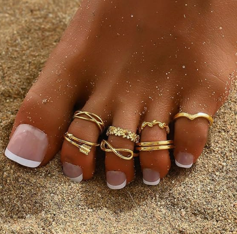 12PCS 14K Gold Plated Adjustable Toe Rings for Women Flower Arrow Band Open Tail Ring Women Beach Foot Jewelry